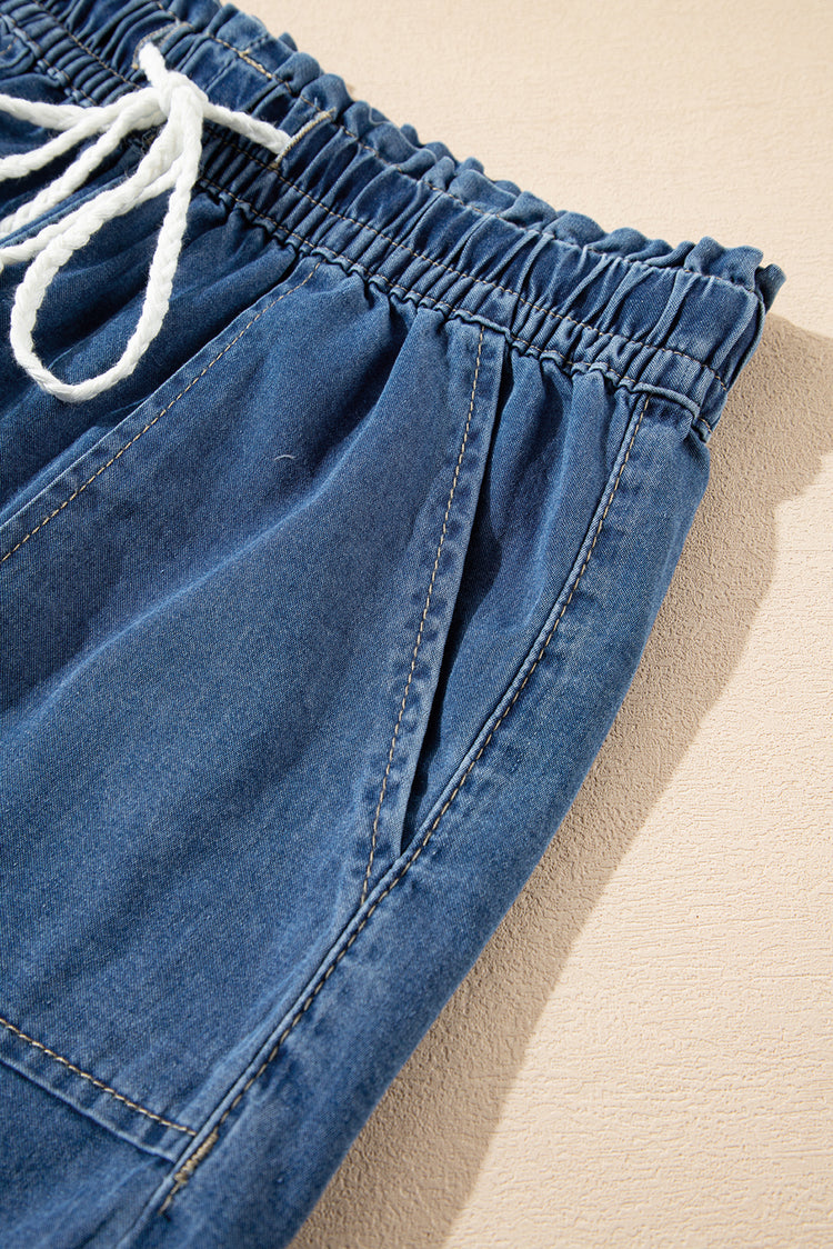 Ashleigh Blue Raw Hem Drawstring Elastic Waistband Denim Shorts with Pockets