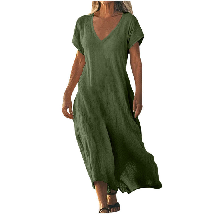 Cotton Linen V-neck Short Sleeve Loose Dress Women's Clothing