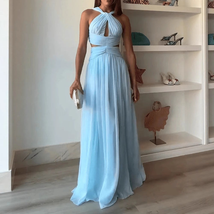 Womens Fashion Lace-up Sleeveless Maxi Halter Dress