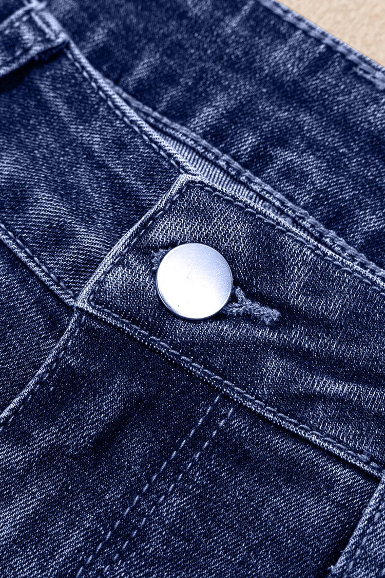 Real Teal Folded Cuffs Distressed Straight High Waist Jeans