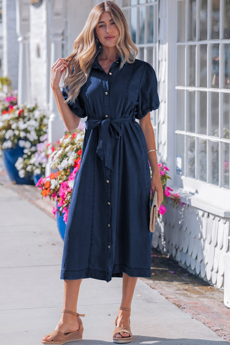 Sail Blue Full Buttons Collared Short Bubble Sleeve Long Denim Dress