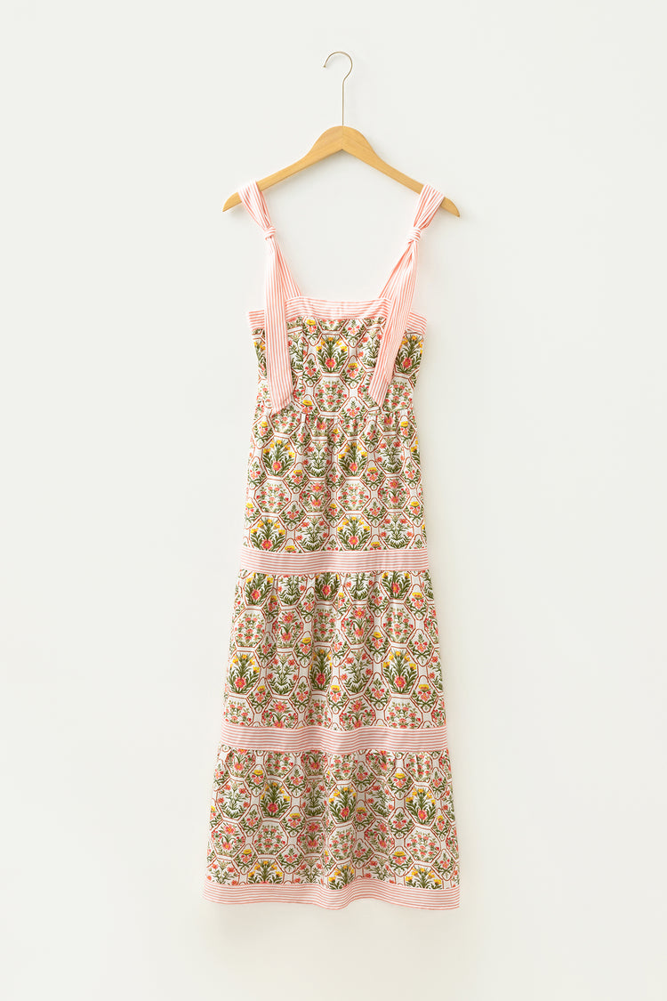 Green Geometric Floral Print Striped Patchwork Detail Sleeveless Dress(Runs Small )