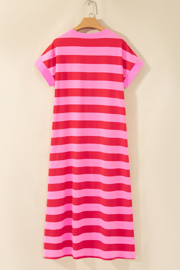 Rose Stripe Cuffed Short Sleeve Pocketed Casual T Shirt Long Dress