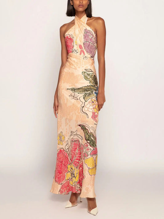 Floral Print Cross Halter Neck Maxi Dress