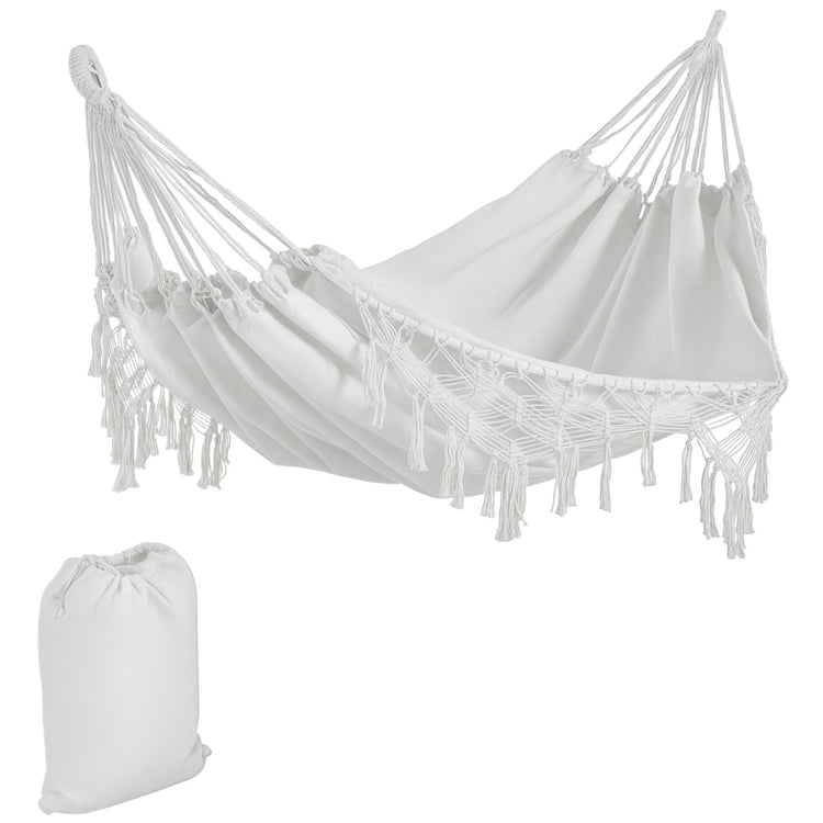 Extra Large Boho Hammock with Macrame Tassel Fringe, Includes Carrying Bag, Indoor Outdoor Tree Hammock for Porch, Backyard, Camping, White