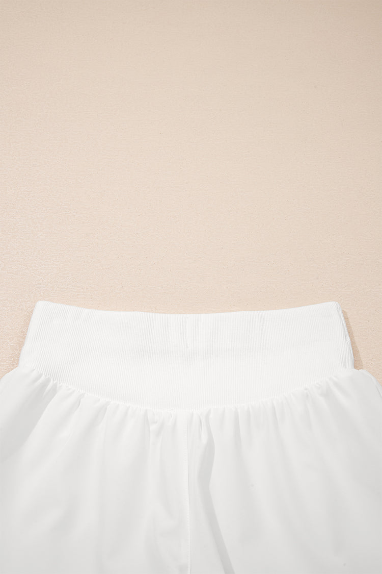 White Solid Color Ribbed Patchwork High Waist Athletic Shorts