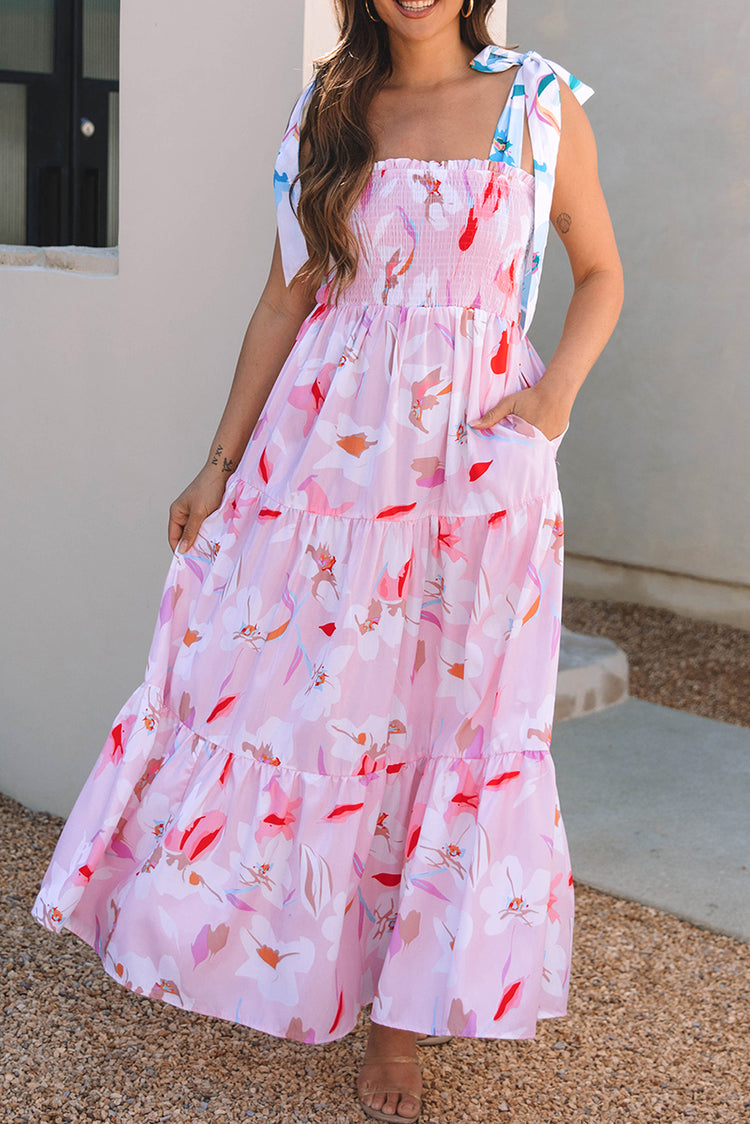 Pink Floral Print Knotted Shoulder Smocked Maxi Dress