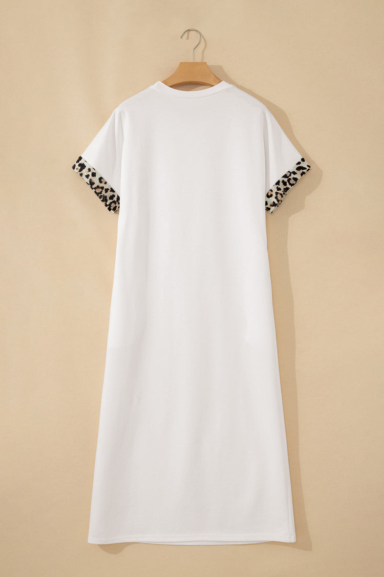 Dark Grey Contrast Leopard Bow Patched Short Sleeve T Shirt Long Dress