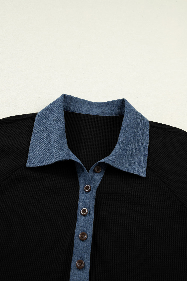 Black Textured Knit Denim Patchwork Button Polo Collar Long Sleeve Top