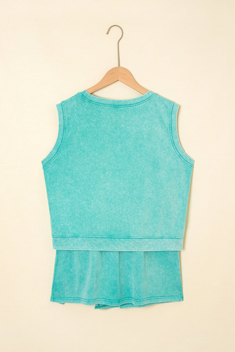 Mint Green 2 Pieces Mineral Wash Cotton Tank Top Lined Split Skirt Set