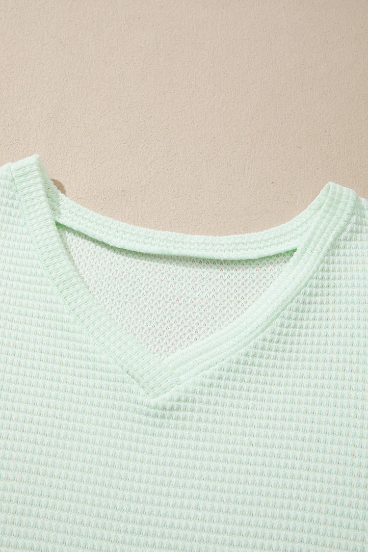 Clearly Aqua V Neck Short Sleeve Plus Size Waffle Knit Top