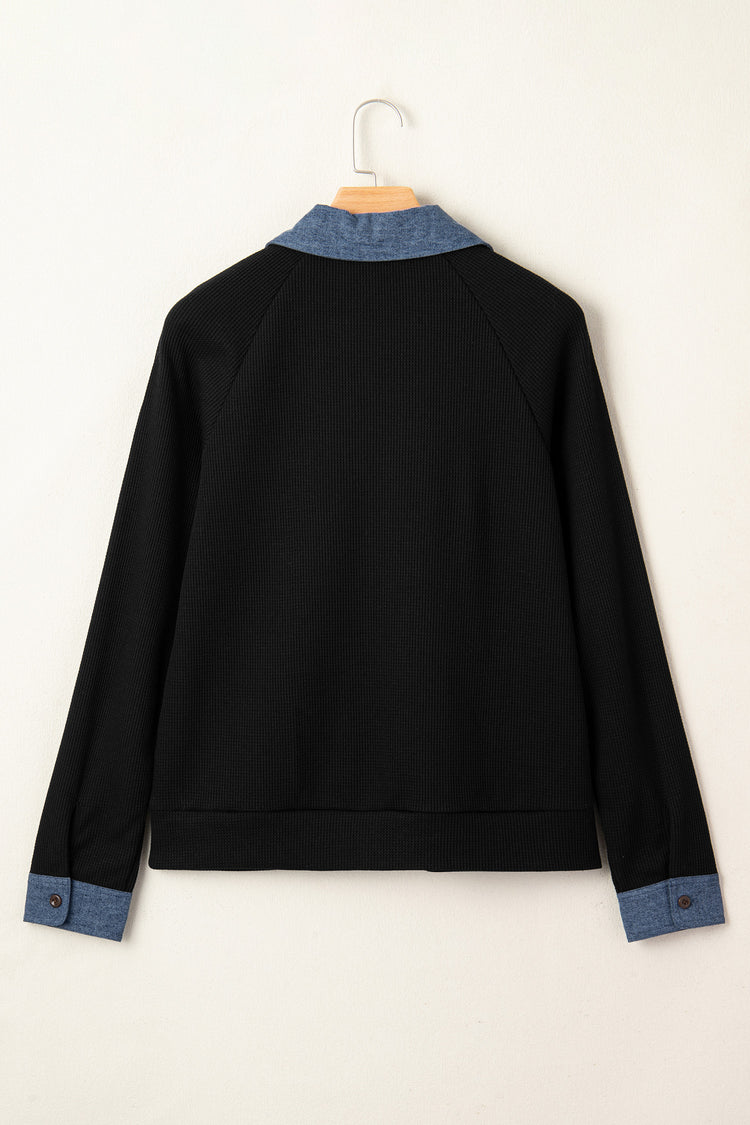 Black Textured Knit Denim Patchwork Button Polo Collar Long Sleeve Top
