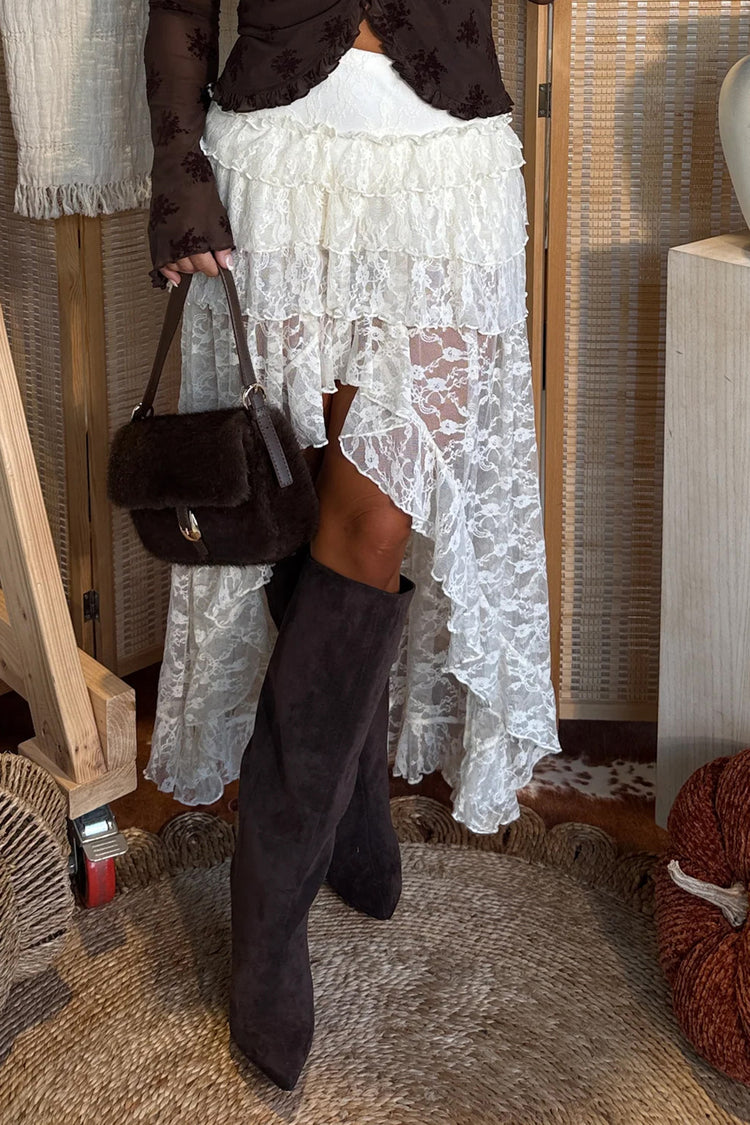 White Sheer Lace Frilly Ruffles High Low Long Skirt