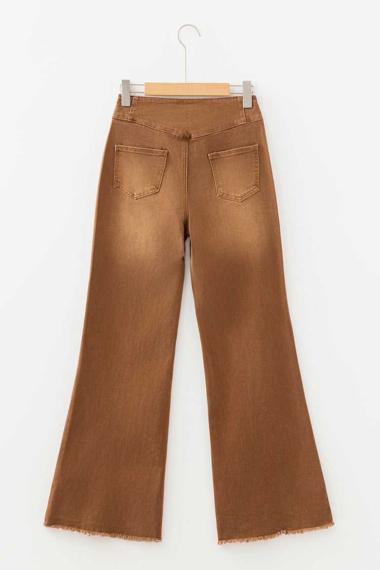 Coffee High Waist Button Fly Seamed Raw Hem Flare Jeans