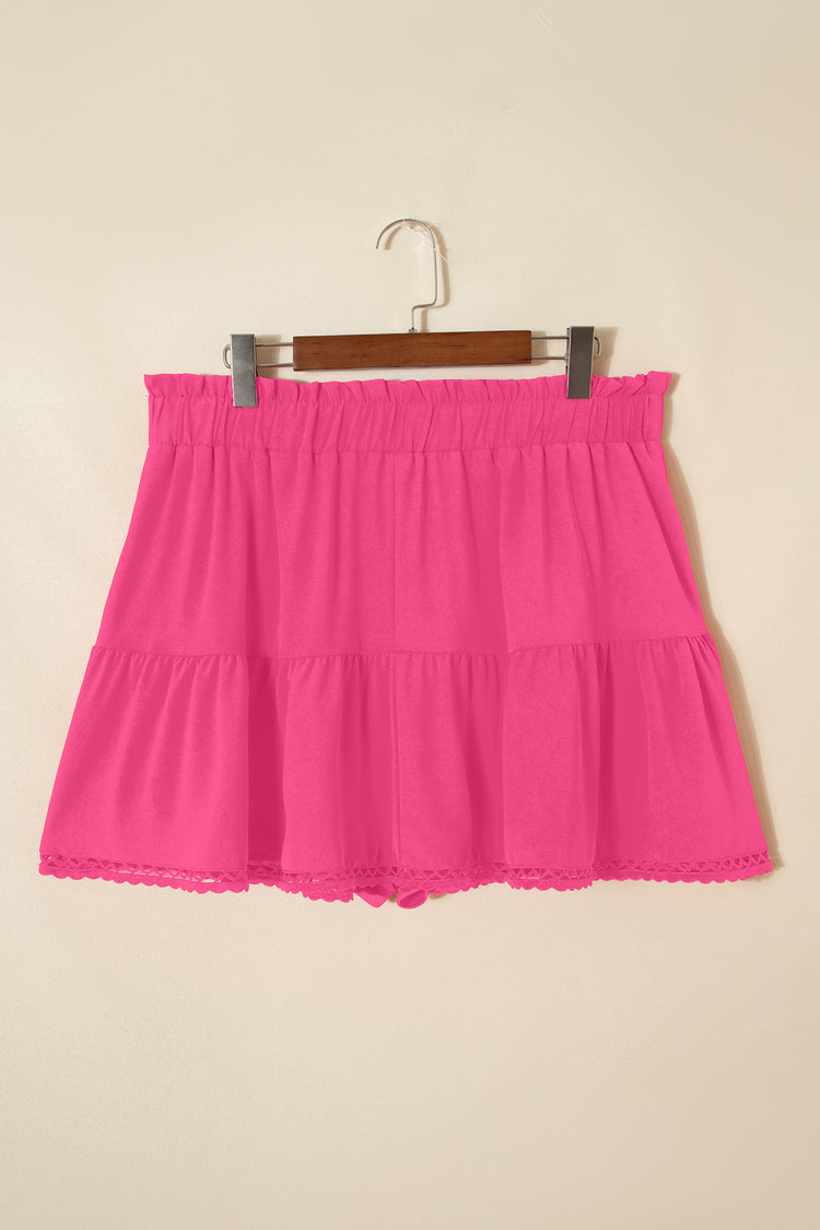 Rose Red Plus Size Frilled Elastic Waist Lace Trim Boho Ruffled Shorts