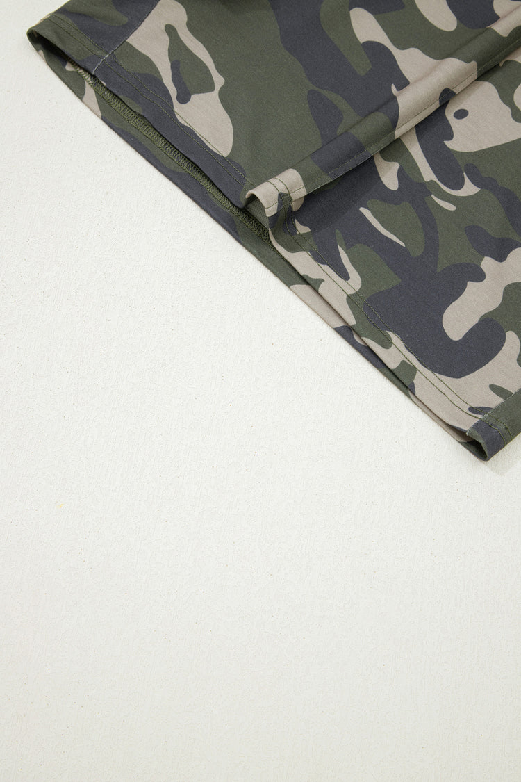 Green Tie Elastic Waist Pocketed Plus Size Camo Shorts