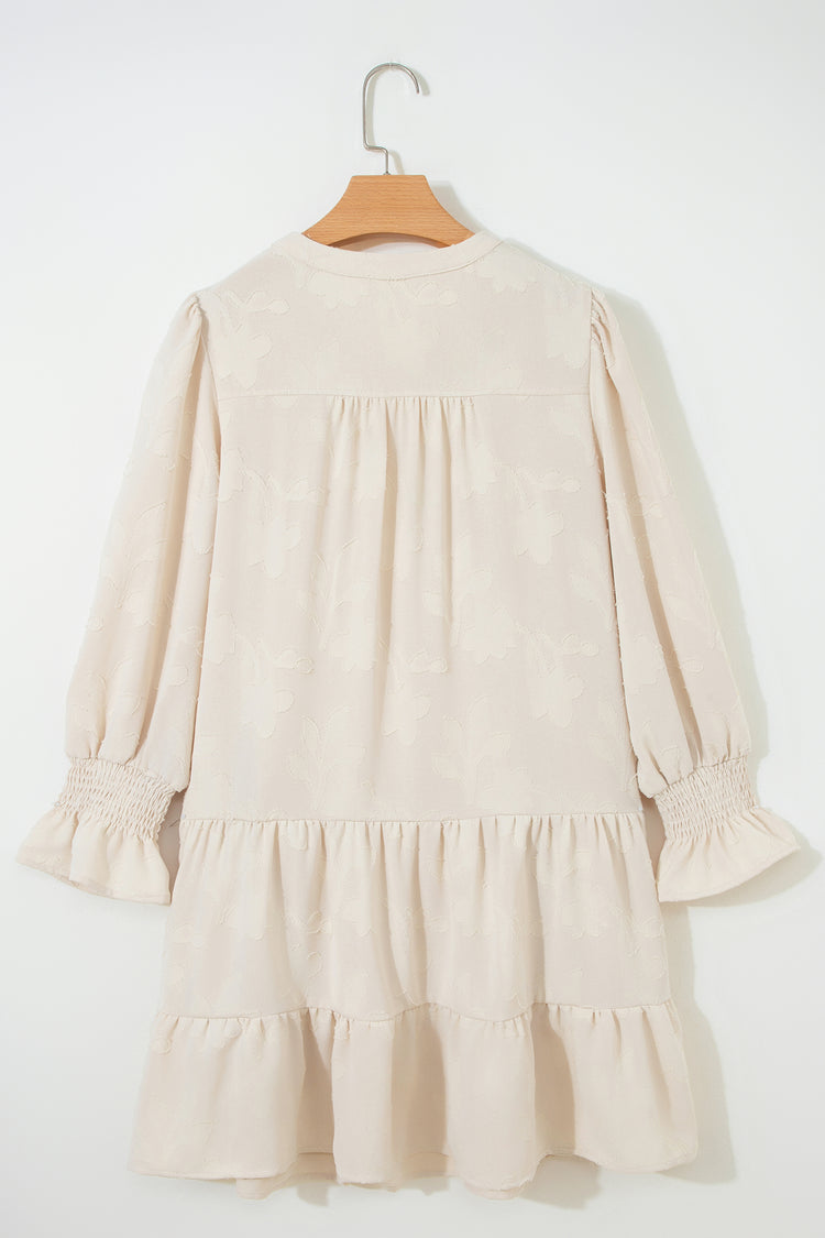 Parchment Long Sleeve Notched Neck Jacquard Tiered Mini Dress