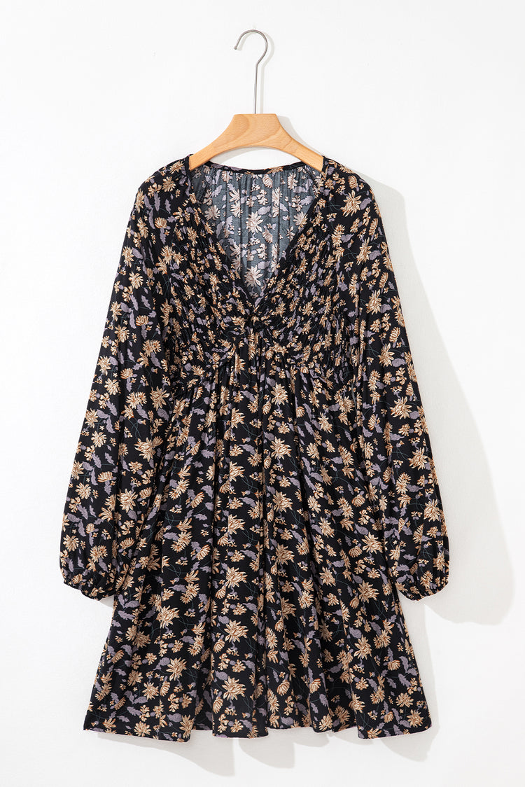 Black Floral Deep V Neck Smocked Bust Bubble Sleeve Babydoll Dress
