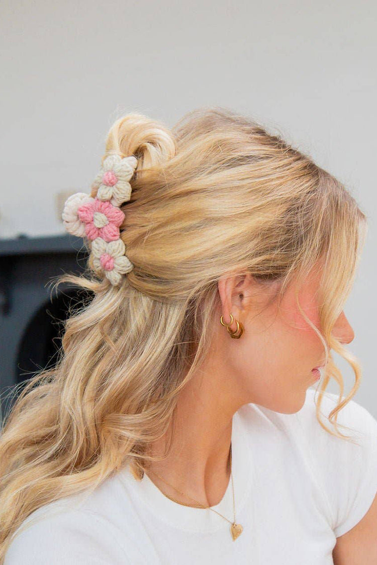 Pink Flower Crochet Cover Large Hair Claw Clip