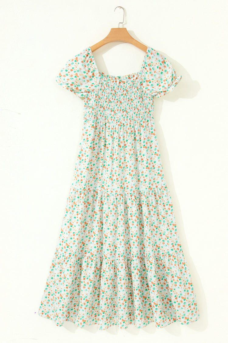 Purple Floral Short Bubble Sleeve Shirred High Waist Maxi Dress