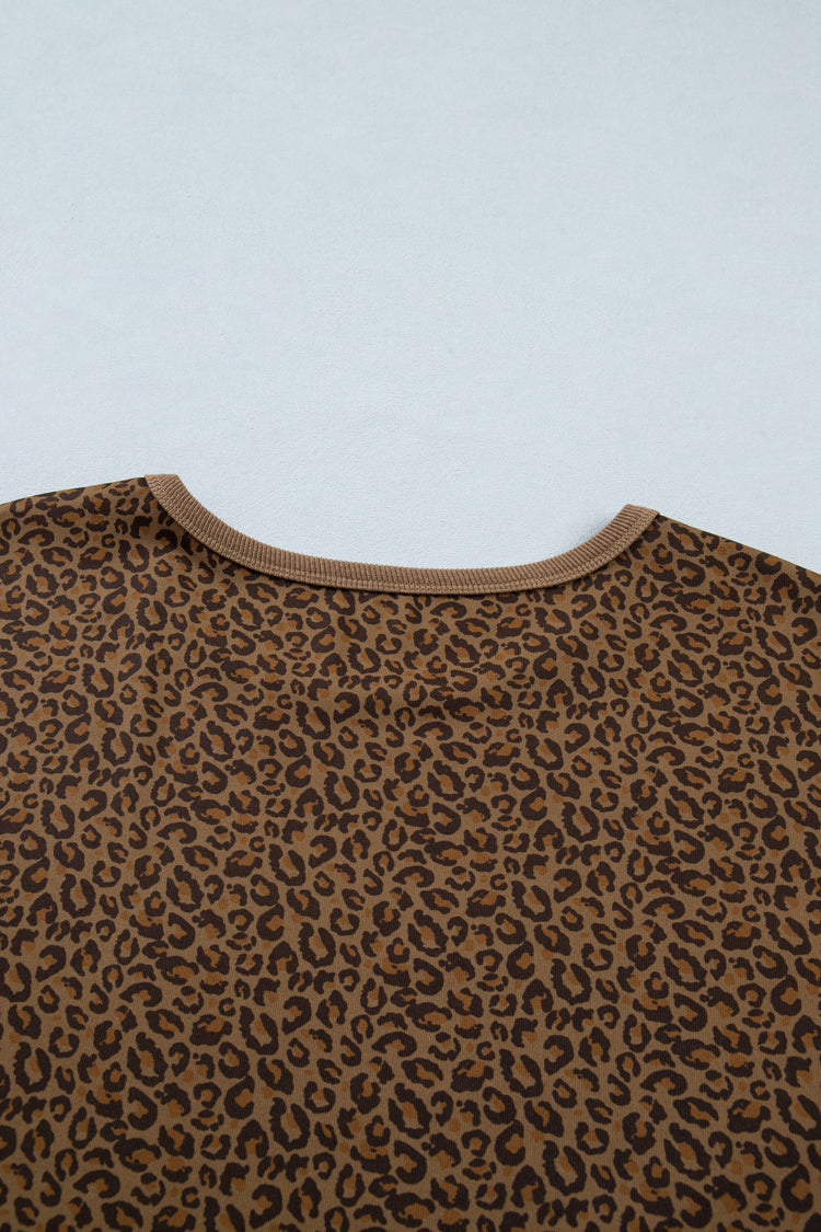 Khaki Plus Size Leopard Print Ribbed Trim Round Neck Tee