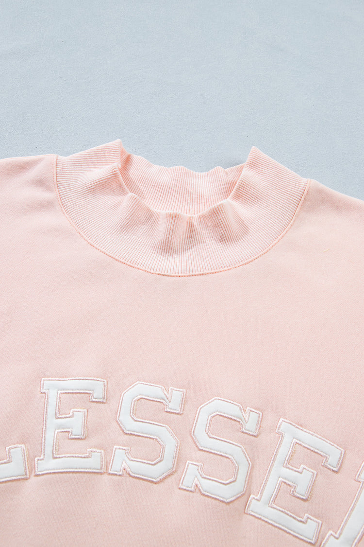 Light Pink BLESSED Embroidered Trim Patch Graphic Plus Size Mock Neck Sweatshirt