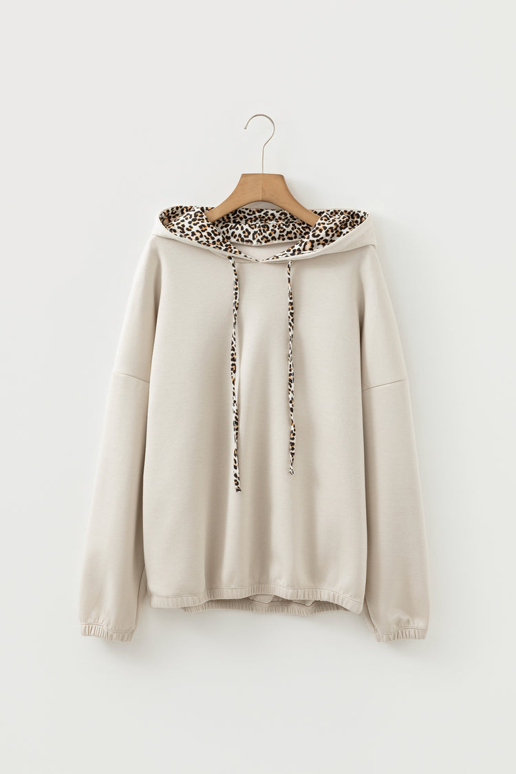 Jet Stream Leopard Contrast Drawstring Hood Drop Shoulder Loose Top