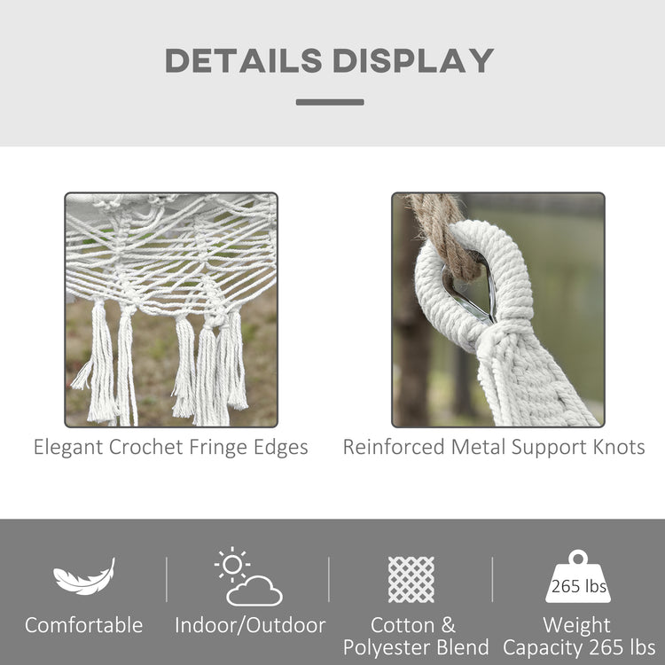 Extra Large Boho Hammock with Macrame Tassel Fringe, Includes Carrying Bag, Indoor Outdoor Tree Hammock for Porch, Backyard, Camping, White