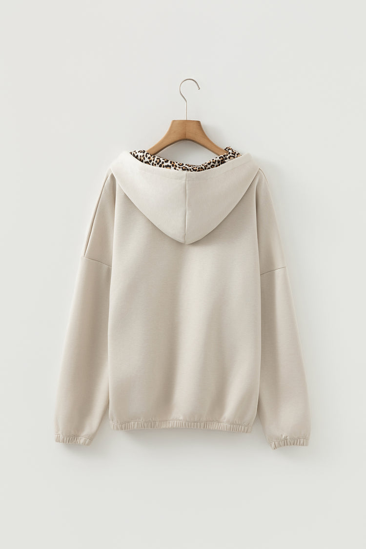Jet Stream Leopard Contrast Drawstring Hood Drop Shoulder Loose Top