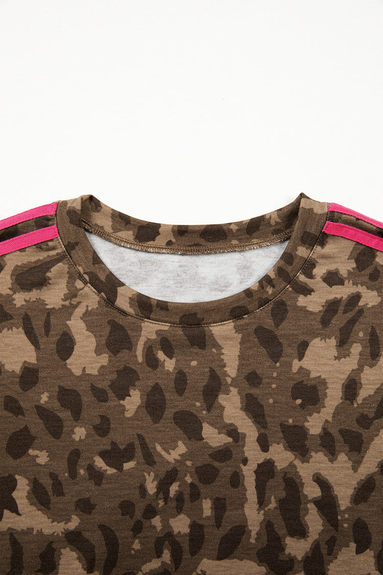 Brown Loose Contrast Striped Accent Leopard T Shirt Mini Dress with Pockets
