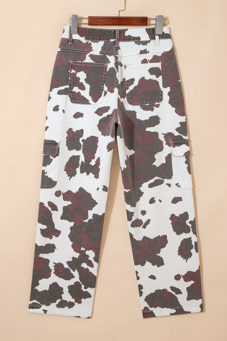 Brown Cow Spots Printed Multi Pocketed Jeans