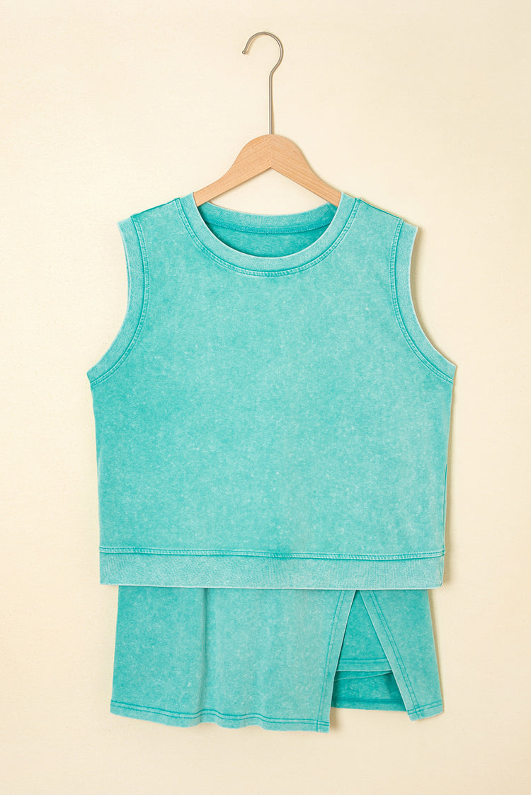 Mint Green 2 Pieces Mineral Wash Cotton Tank Top Lined Split Skirt Set