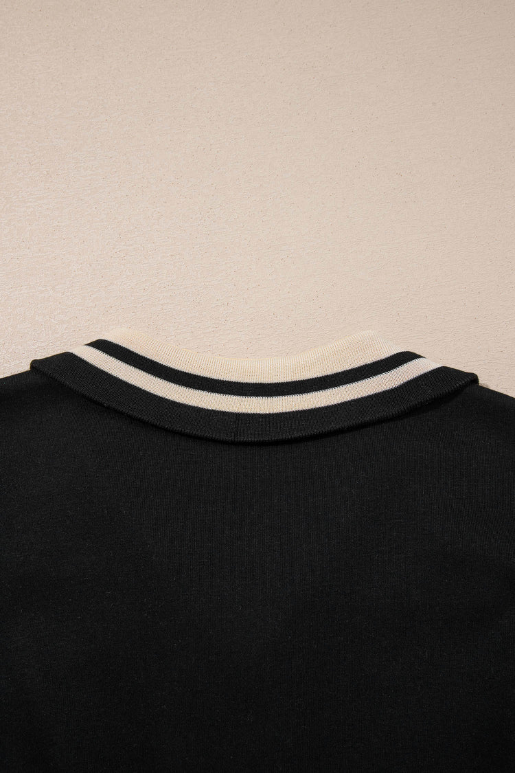 Black Striped Webbing Trim Preppy Polo Tee Dress