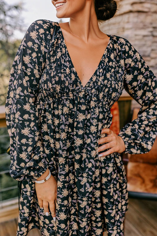 Black Floral Deep V Neck Smocked Bust Bubble Sleeve Babydoll Dress