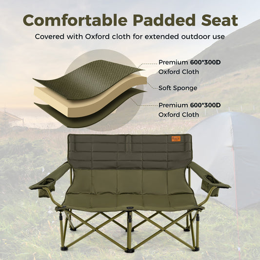 Oversized Camping Chair Folding Loveseat Camping Couch With Cup Holders & Thick Padding