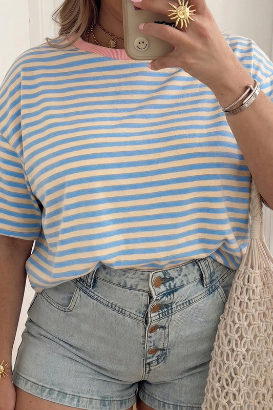 Sky Blue Stripe Plus Size Drop Shoulder Contrast Trim Round Neck Tee