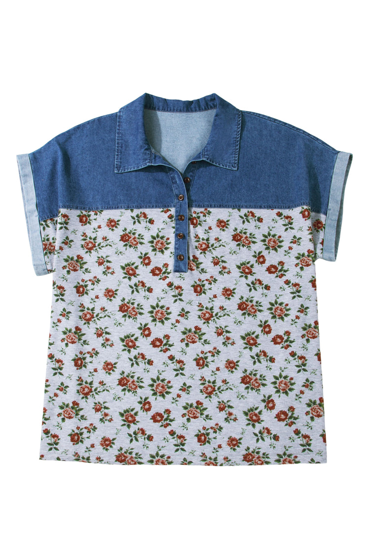Gray Retro Floral Print Denim Patchwork Plus Size Polo Tee