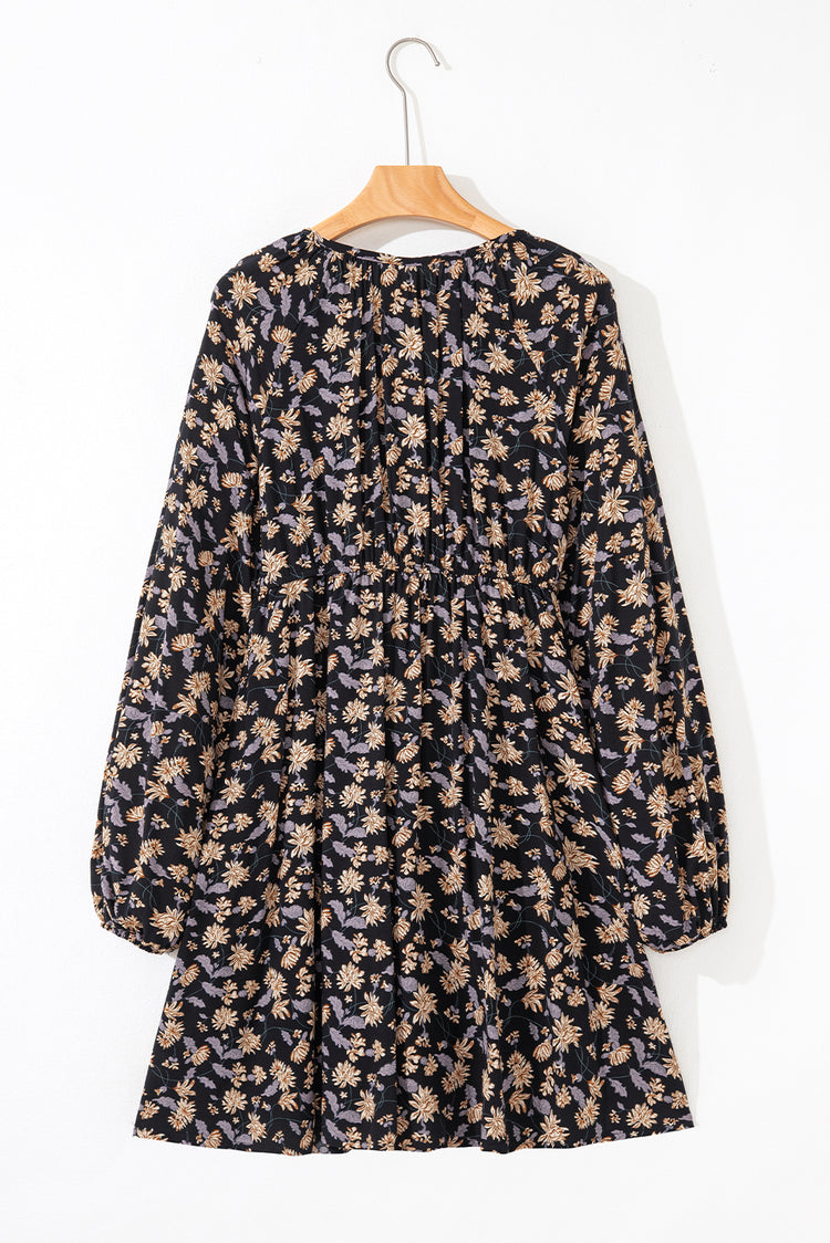 Black Floral Deep V Neck Smocked Bust Bubble Sleeve Babydoll Dress