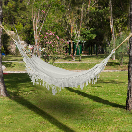 Extra Large Boho Hammock with Macrame Tassel Fringe, Includes Carrying Bag, Indoor Outdoor Tree Hammock for Porch, Backyard, Camping, White