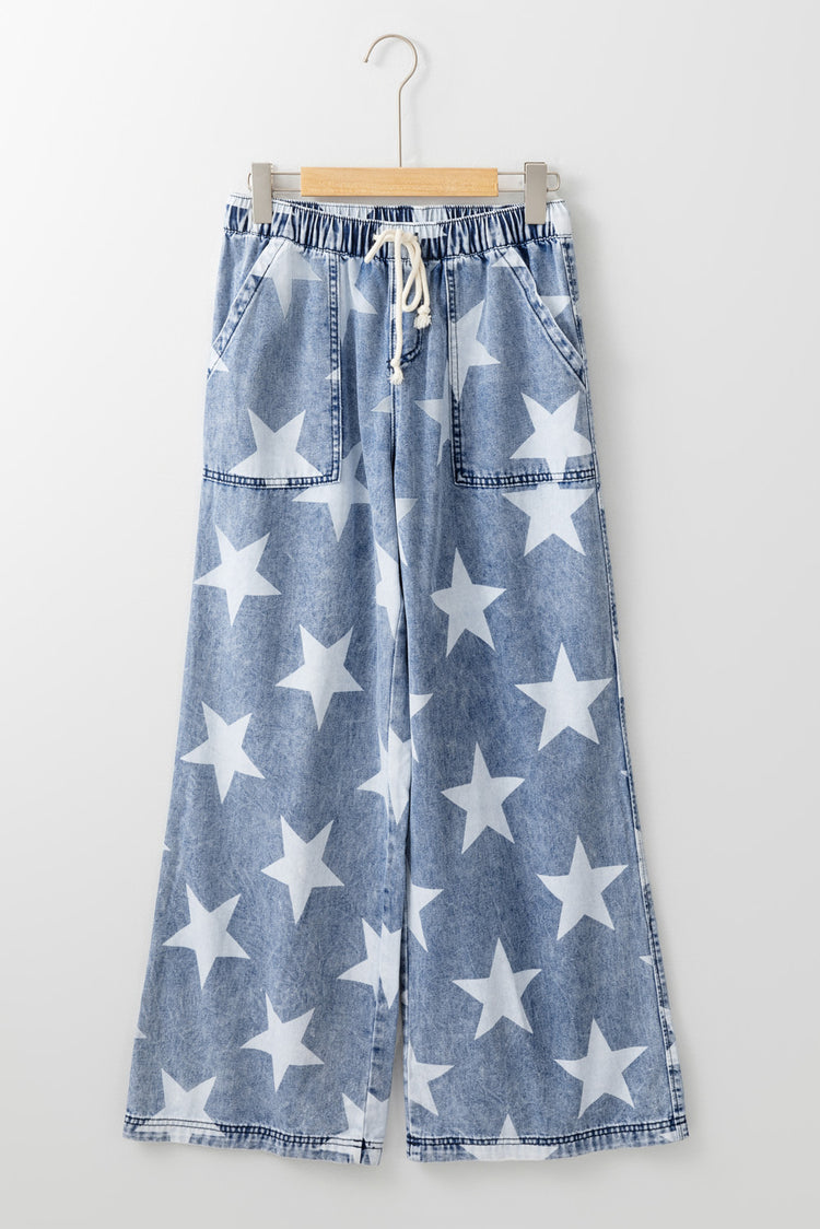 Light Blue Star Print Light Wash Drawstring Elastic Waistband Wide Leg Jeans