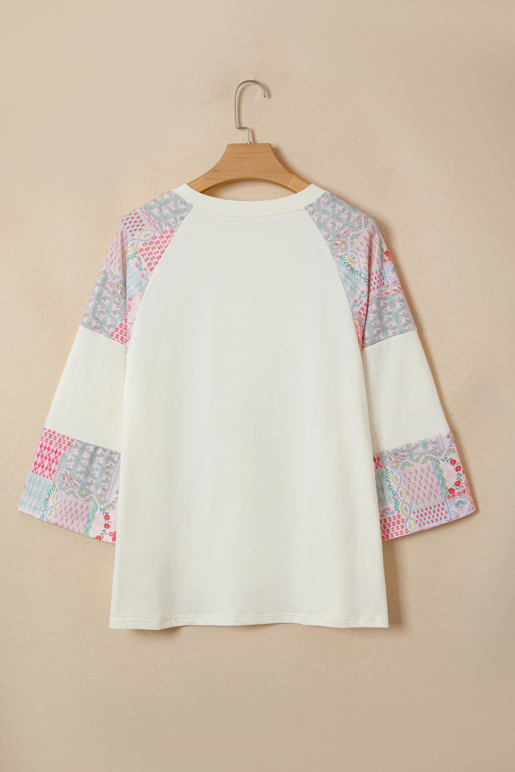 Beige Color Block Retro Floral Patchwork Long Sleeve Top