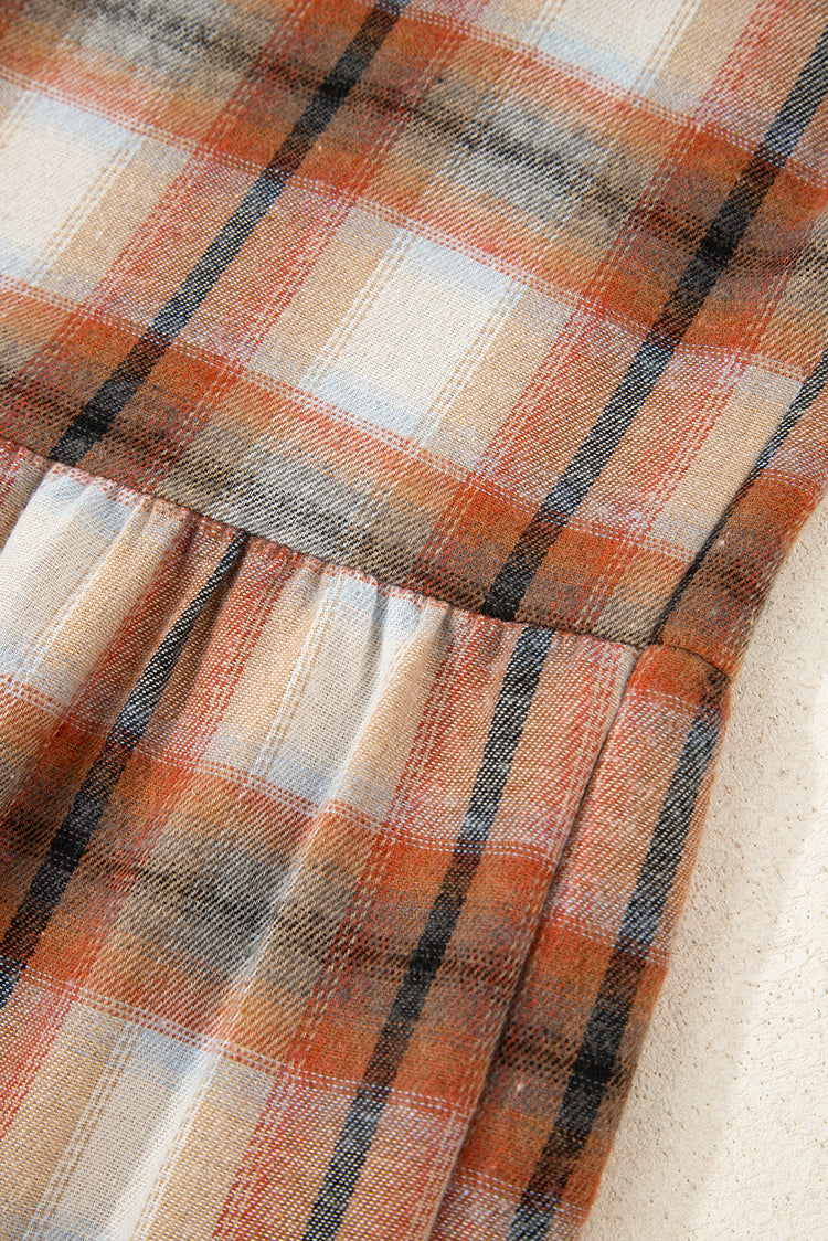 Khaki Plaid Color Block Patchwork Ruffle Hem Tunic Shirt Dress