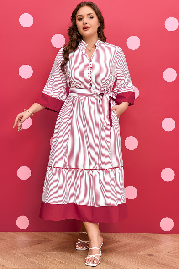 Red Stripe Plus Size Ruffled Hem Pinstriped Midi Dress