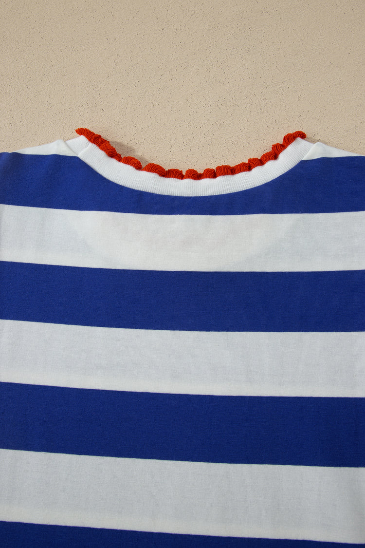 Blue Stripe Contrast Trim Round Neck Short Puff Sleeve Shift Mini Dress