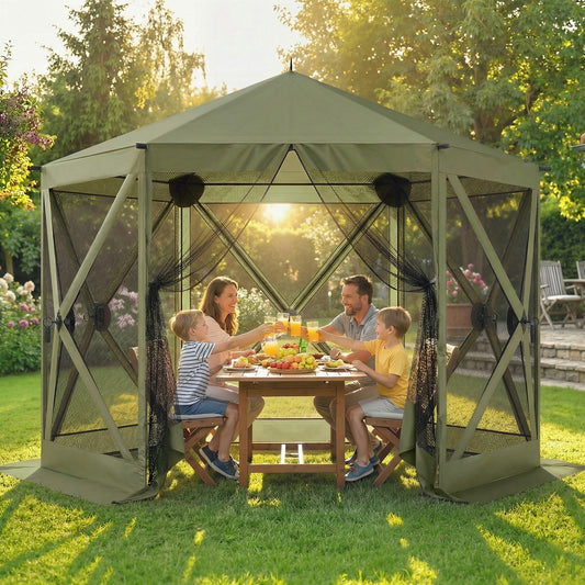 10 x 11 ft Pop Up Gazebo Screen Tent, Portable Instant Camping Canopy Screen House with Nettings, Carry Bag, Dark Green