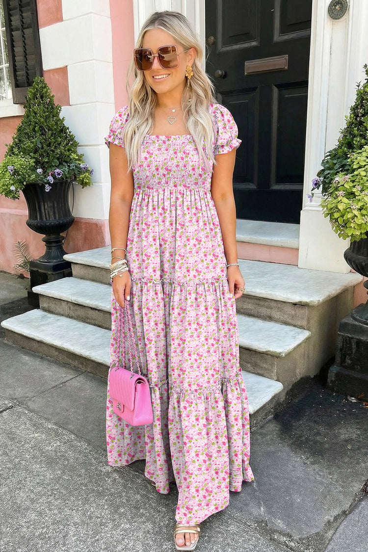 Purple Floral Short Bubble Sleeve Shirred High Waist Maxi Dress