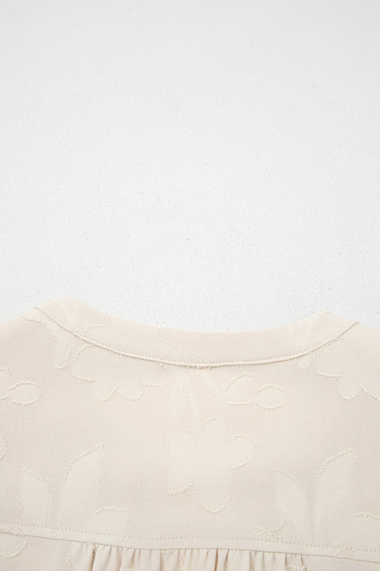Parchment Long Sleeve Notched Neck Jacquard Tiered Mini Dress