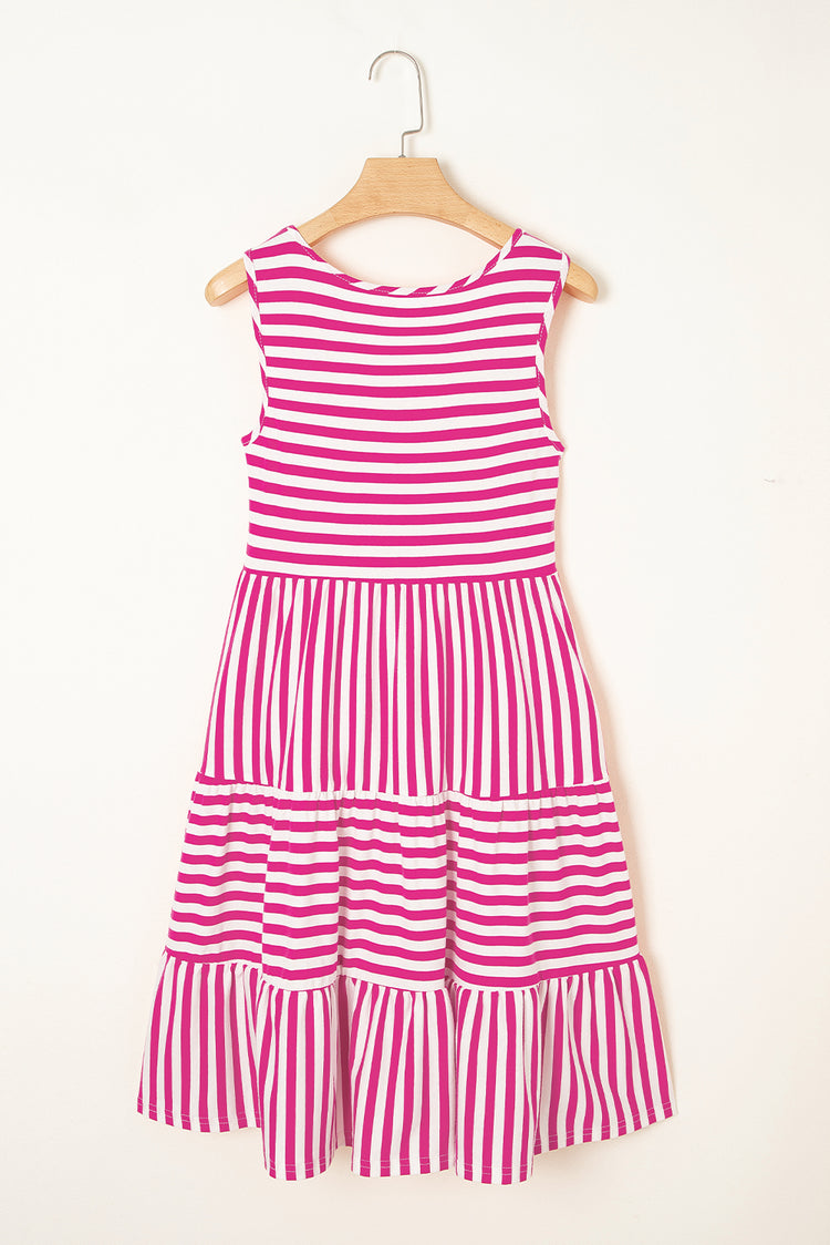 Rose Stripe U Neck Sleeveless Loose Fit Mini Dress