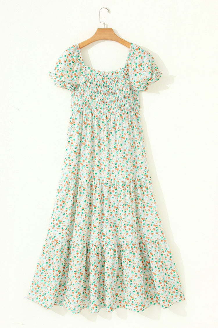 Purple Floral Short Bubble Sleeve Shirred High Waist Maxi Dress