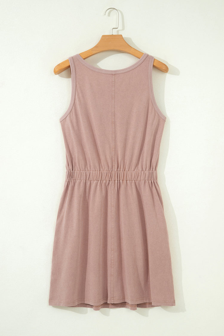 Smoke Gray Mineral Wash U Neck Elastic Waist Sleeveless Mini Dress